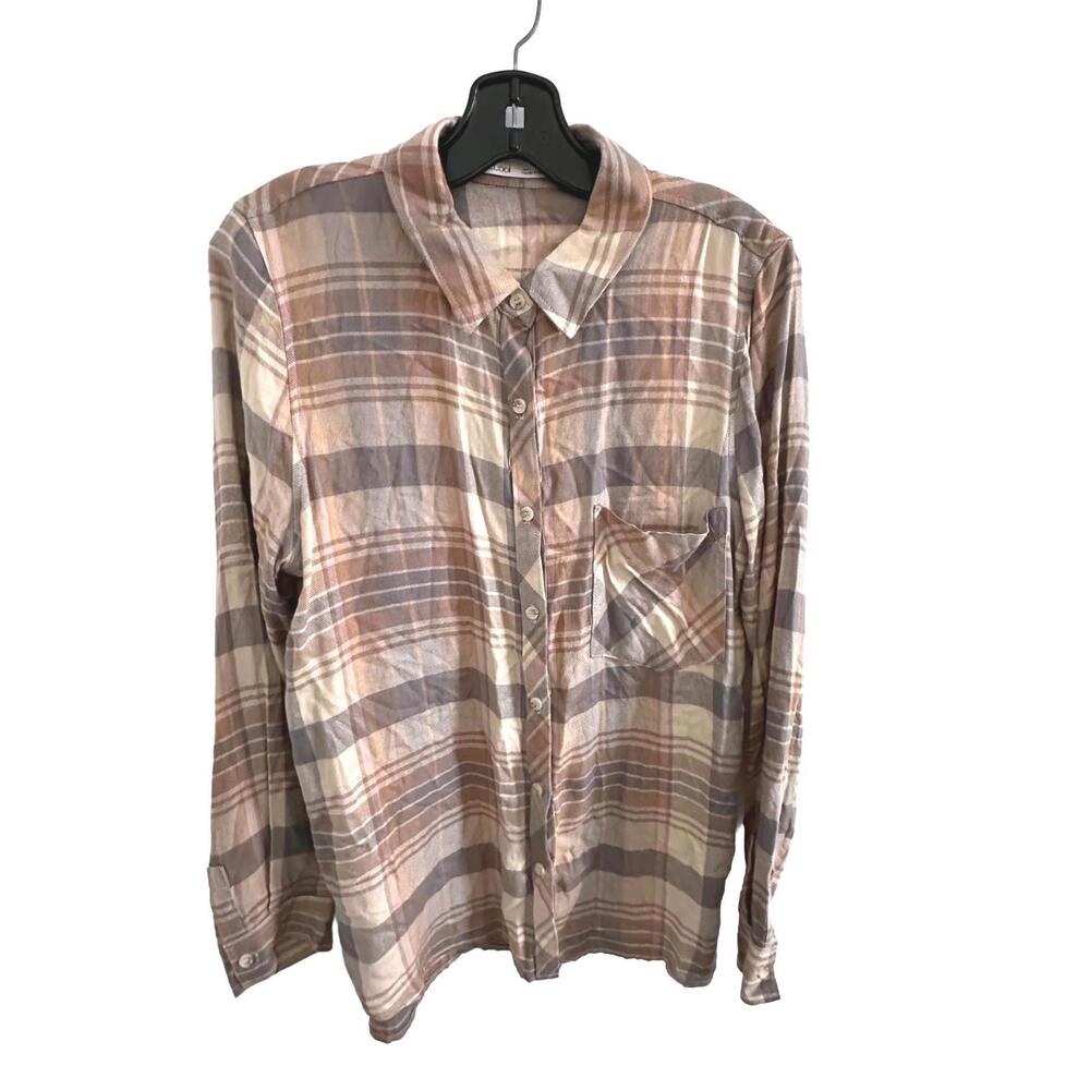 Bécool Women's Casual Long Sleeve Soft Beige Plaid Button Down Shirt  - Size L